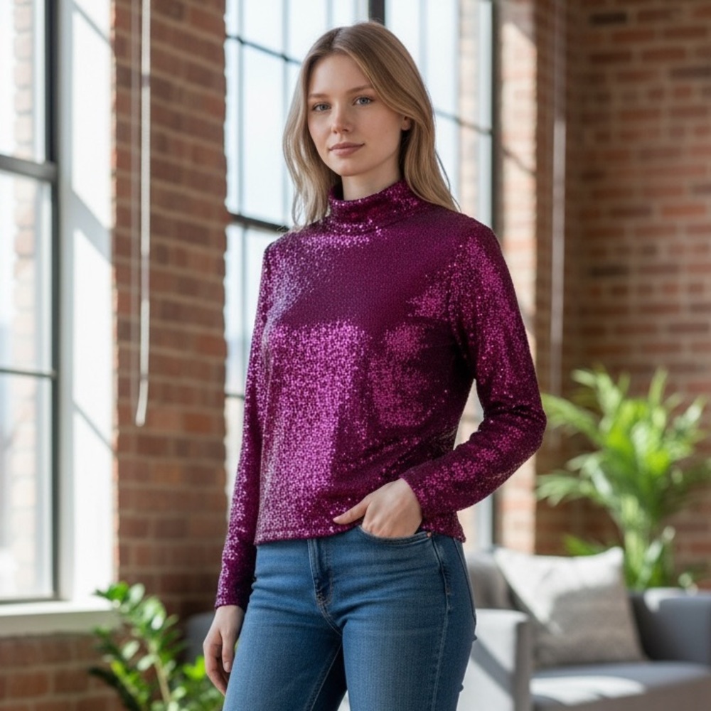 NWT Express Body Contour Sequin Mock Neck Long Sleeve Tee/Top Turtleneck